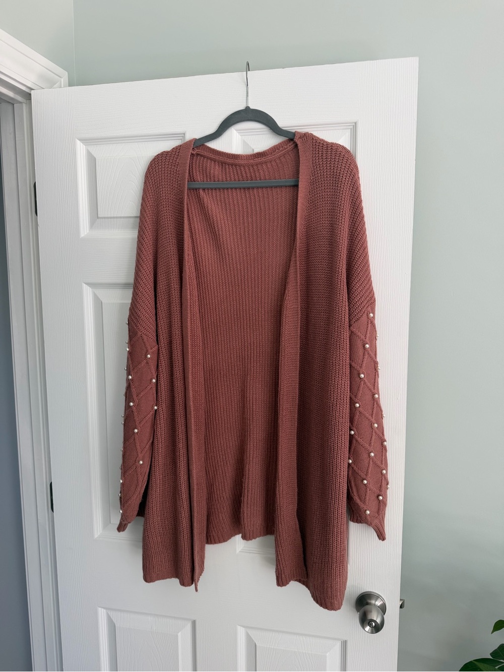 SHEIN Rosewood Open-Front Cardigan with Beaded Sleeves